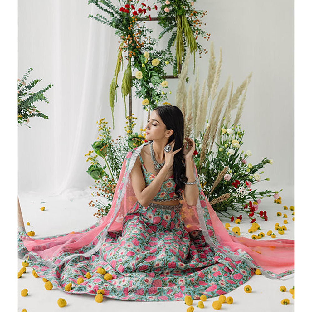 Old Marigold Harsingaar Pink Printed Chanderi Lehenga with Blouse and Dupatta