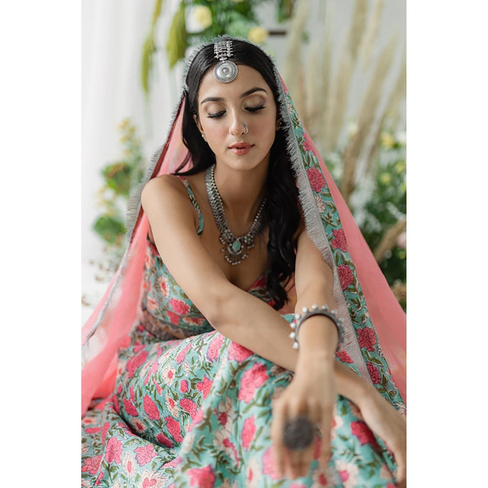 Old Marigold Harsingaar Pink Printed Chanderi Lehenga with Blouse and Dupatta