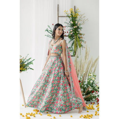 Old Marigold Harsingaar Pink Printed Chanderi Lehenga with Blouse and Dupatta