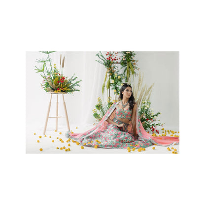Old Marigold Harsingaar Pink Printed Chanderi Lehenga with Blouse and Dupatta