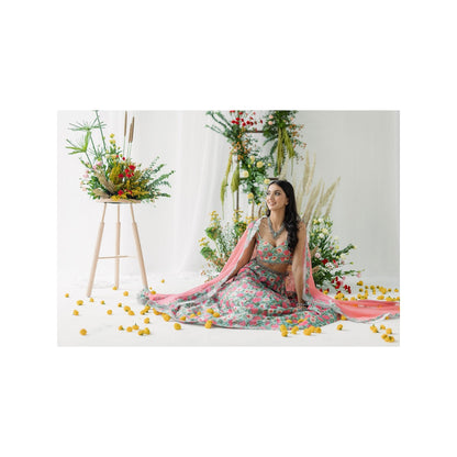 Old Marigold Harsingaar Pink Printed Chanderi Lehenga with Blouse and Dupatta
