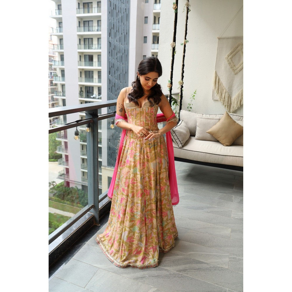 Old Marigold Zara Olive Green Sequinned Corset With Lehenga And Dupatta
