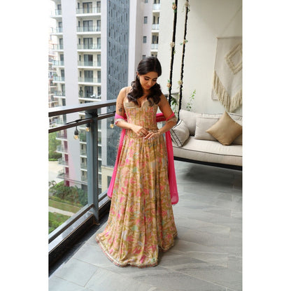 Old Marigold Zara Olive Green Sequinned Corset With Lehenga And Dupatta