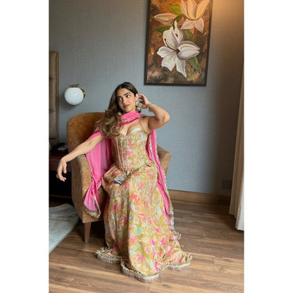 Old Marigold Zara Olive Green Sequinned Corset With Lehenga And Dupatta