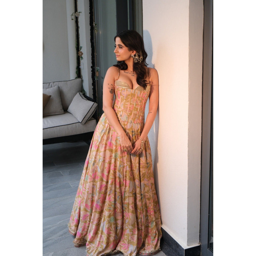 Old Marigold Zara Olive Green Sequinned Corset With Lehenga And Dupatta