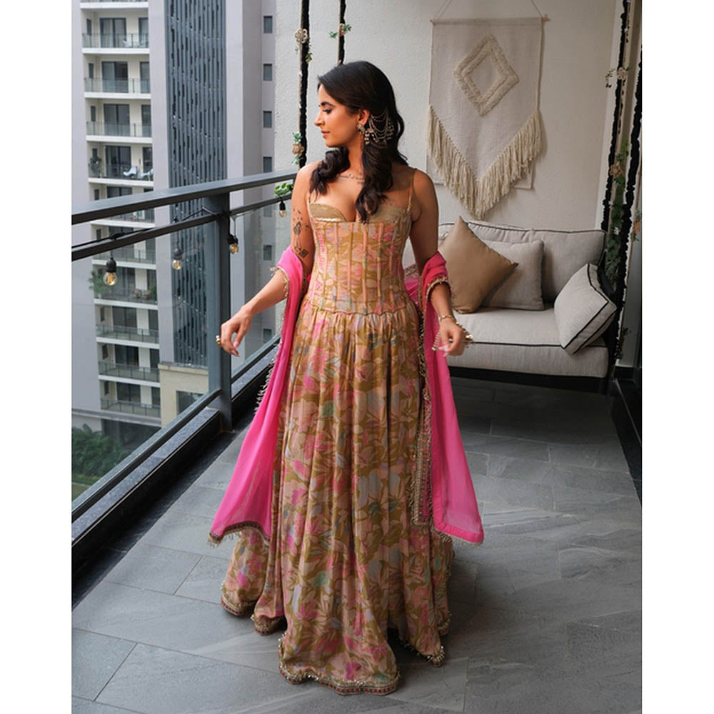 Old Marigold Zara Olive Green Sequinned Corset With Lehenga And Dupatta