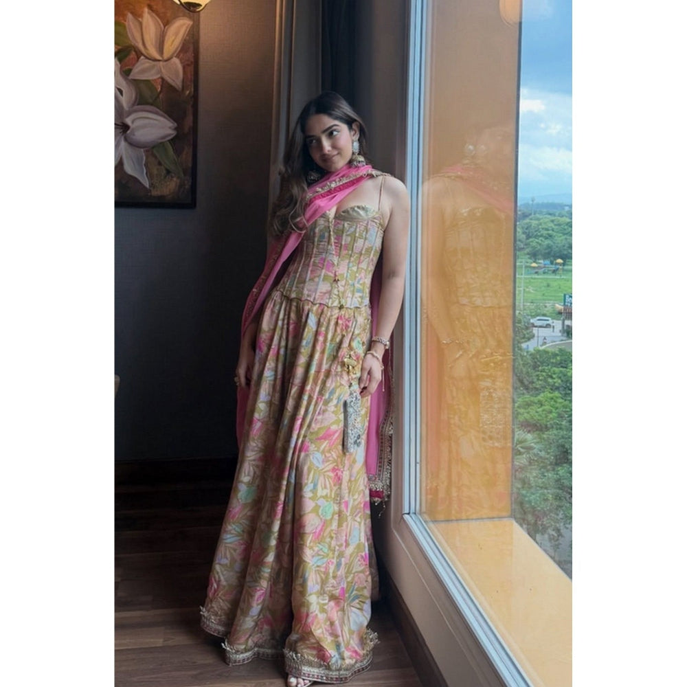 Old Marigold Zara Olive Green Sequinned Corset With Lehenga And Dupatta