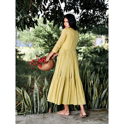 OMAANA Sandalwood Angrakha Tiered Midi Dress