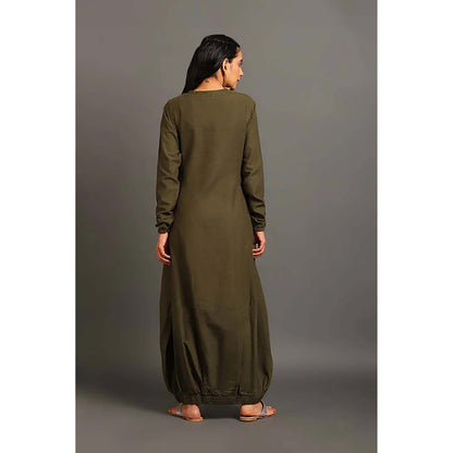 OMAANA Army Green Boho Balloon Maxi Dress