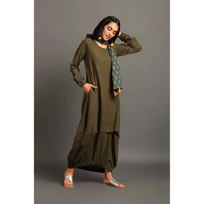 OMAANA Army Green Boho Balloon Maxi Dress