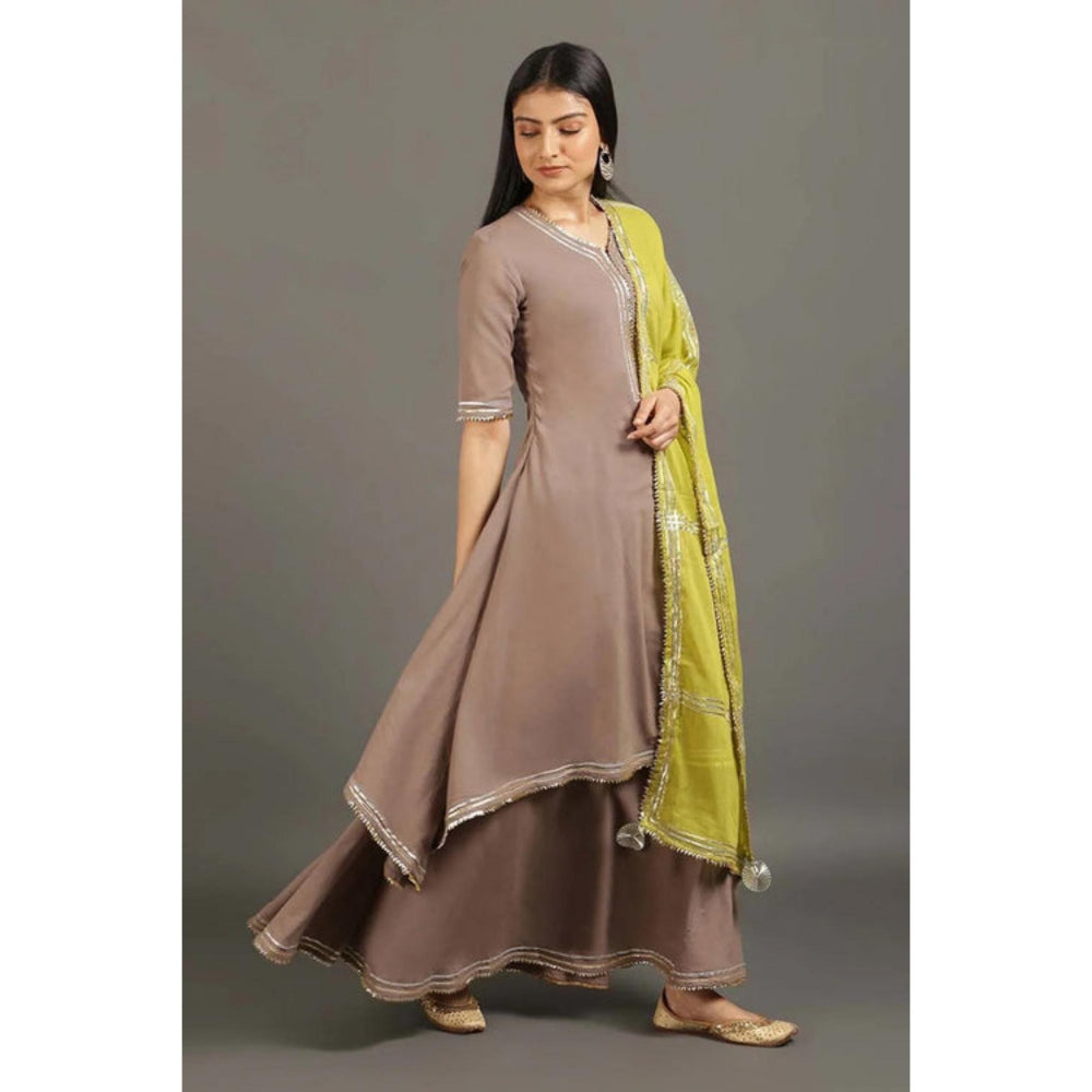 OMAANA Fossil Grey Zara Double Layered Maxi Dress with Dupatta