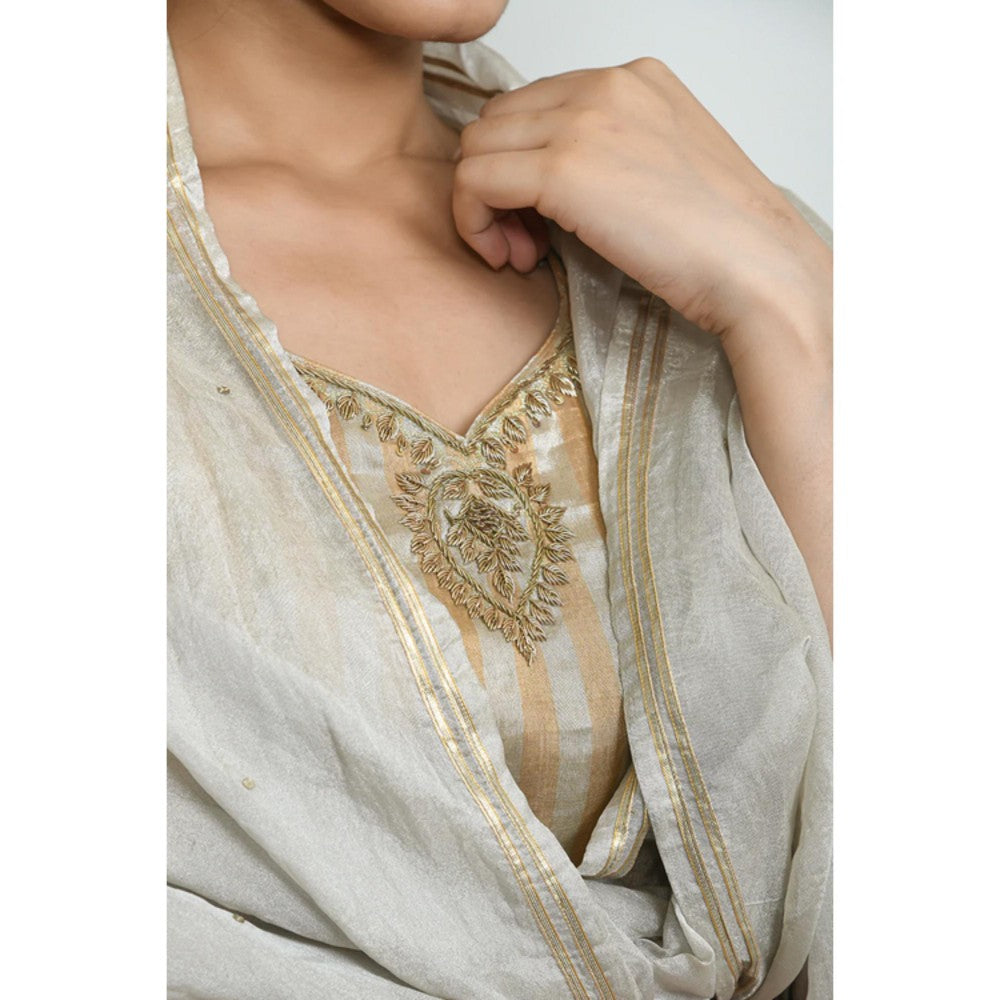 OMAANA Women Tissue Grey Kurta with Sharara and Dupatta