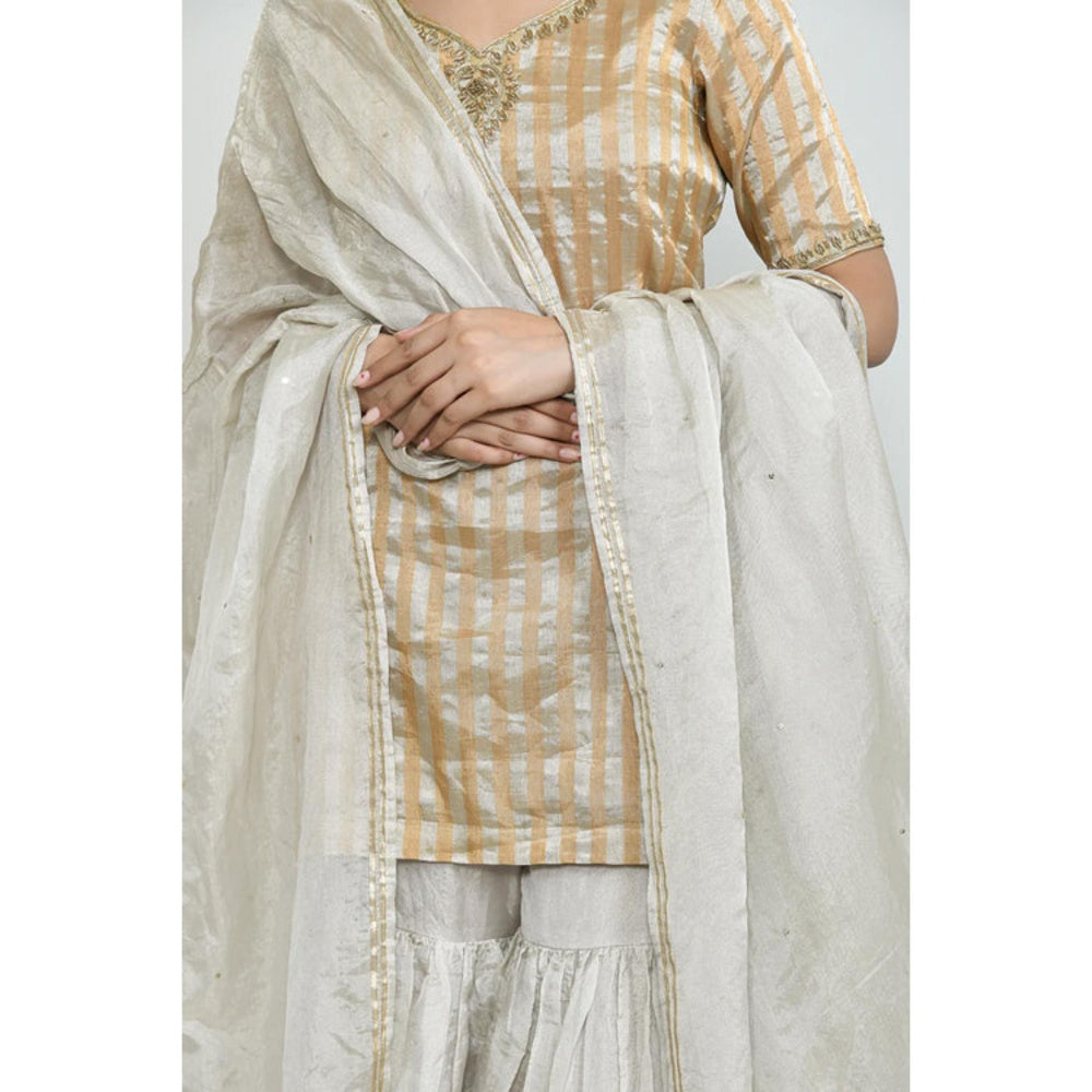 OMAANA Women Tissue Grey Kurta with Sharara and Dupatta