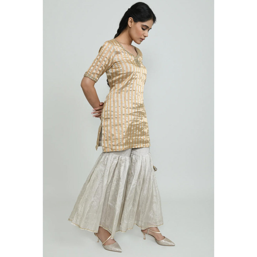 OMAANA Women Tissue Grey Kurta with Sharara and Dupatta