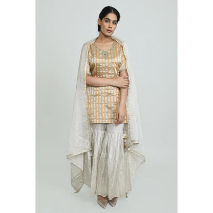 OMAANA Women Tissue Grey Kurta with Sharara and Dupatta