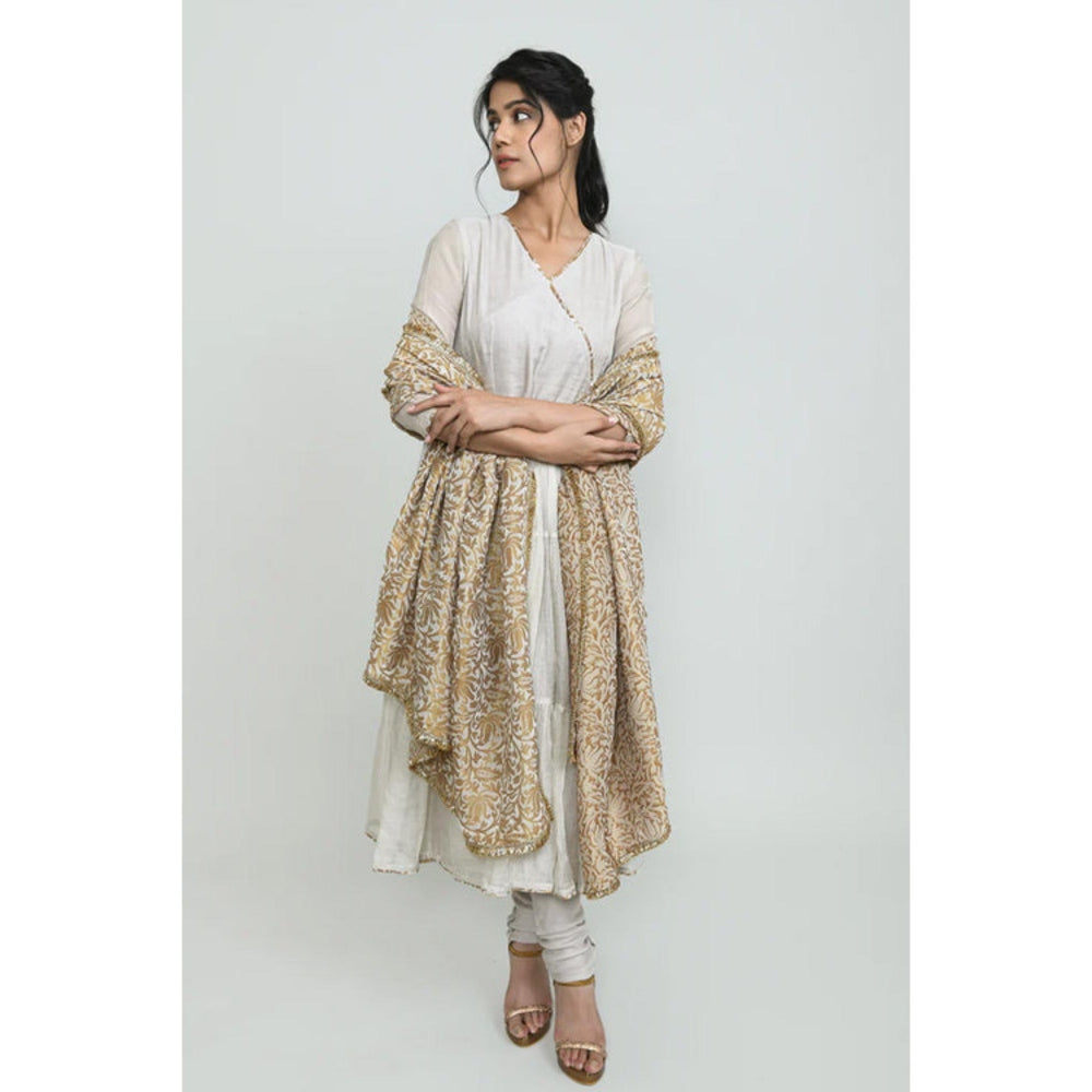 OMAANA Women Tissue White Angrakha Kurta with Churidar and Dupatta