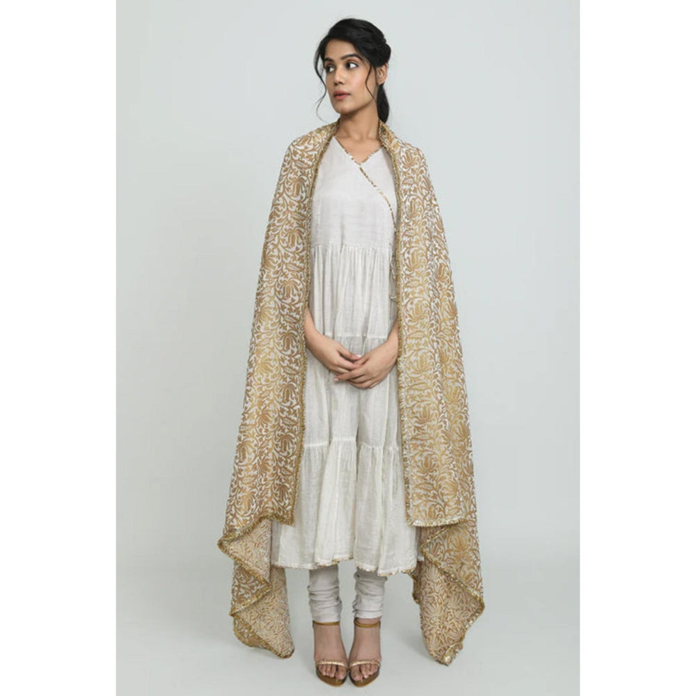 OMAANA Women Tissue White Angrakha Kurta with Churidar and Dupatta