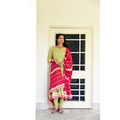 OMAANA Women Mulmul Green Anarkali Kurta with Churidar and Dupatta
