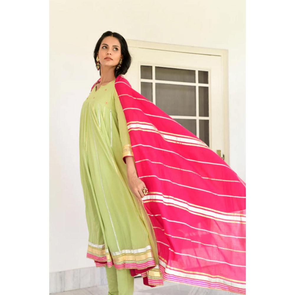 OMAANA Women Mulmul Green Anarkali Kurta with Churidar and Dupatta