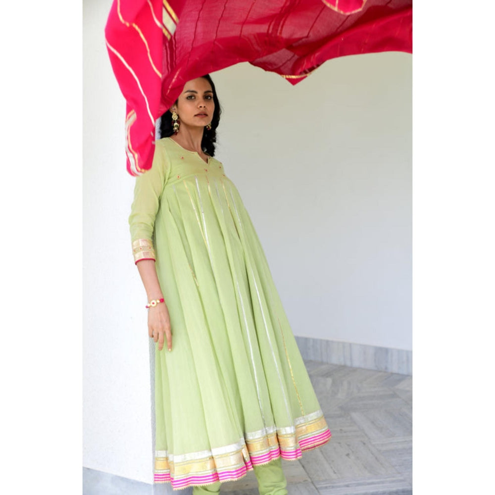 OMAANA Women Mulmul Green Anarkali Kurta with Churidar and Dupatta