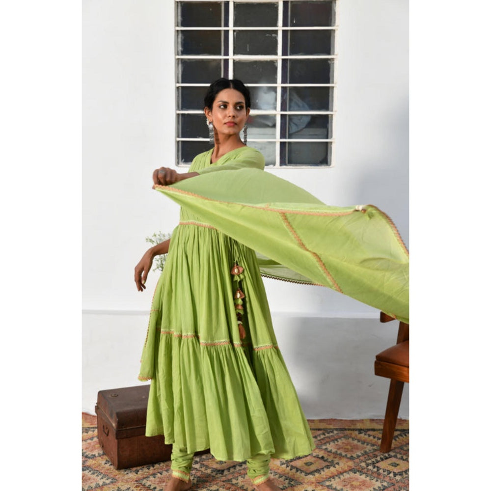 OMAANA Women Mulmul Green Angrakha Kurta with Churidar and Dupatta