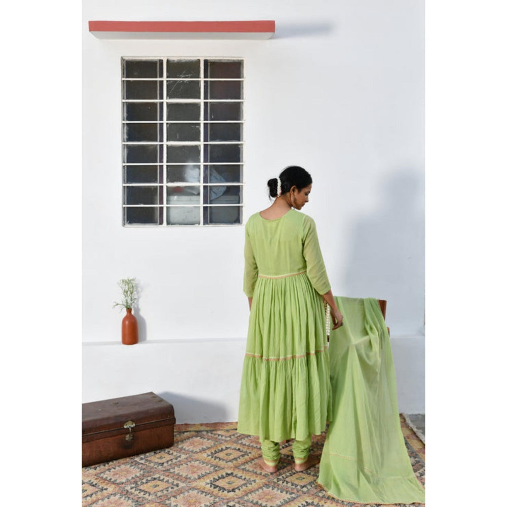 OMAANA Women Mulmul Green Angrakha Kurta with Churidar and Dupatta
