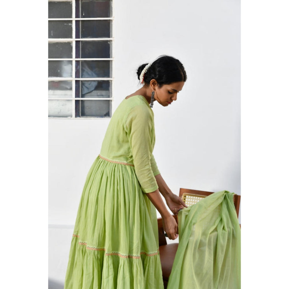 OMAANA Women Mulmul Green Angrakha Kurta with Churidar and Dupatta