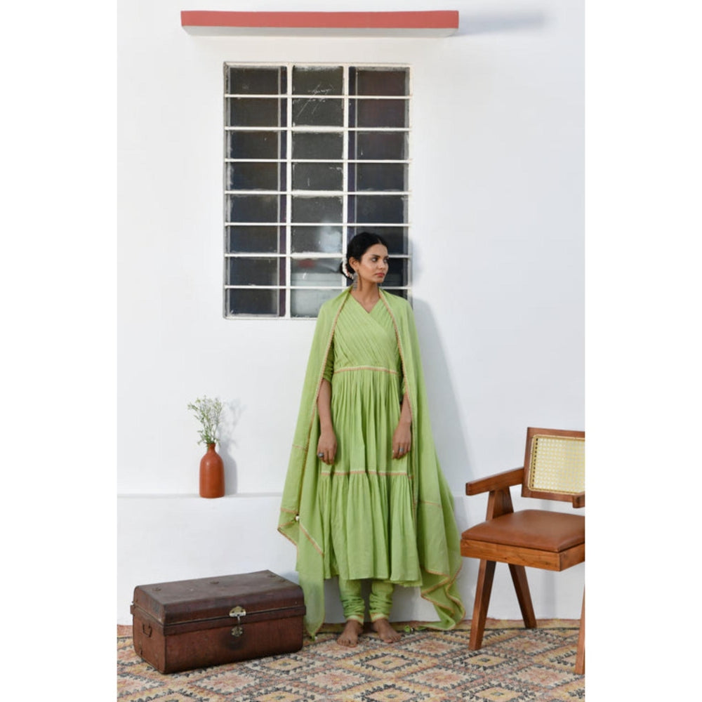 OMAANA Women Mulmul Green Angrakha Kurta with Churidar and Dupatta