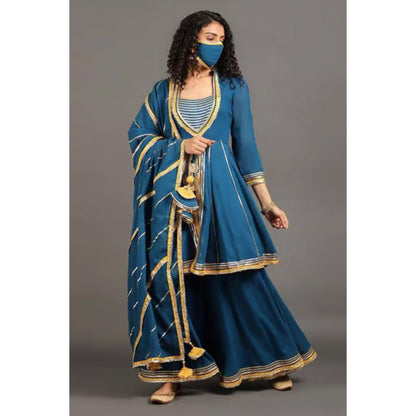 OMAANA Women Mulmul Teal Kurta with Sharara and Dupatta