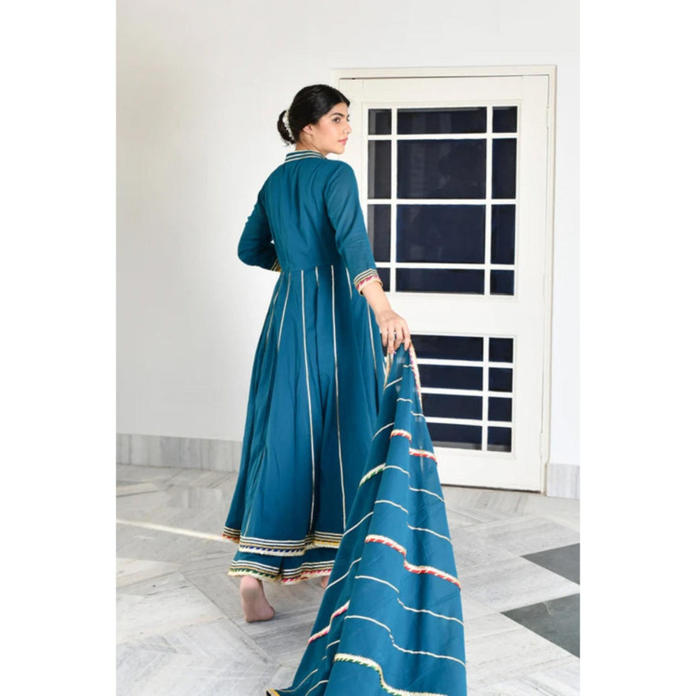 OMAANA Women Mulmul Teal Kurta with Sharara and Dupatta