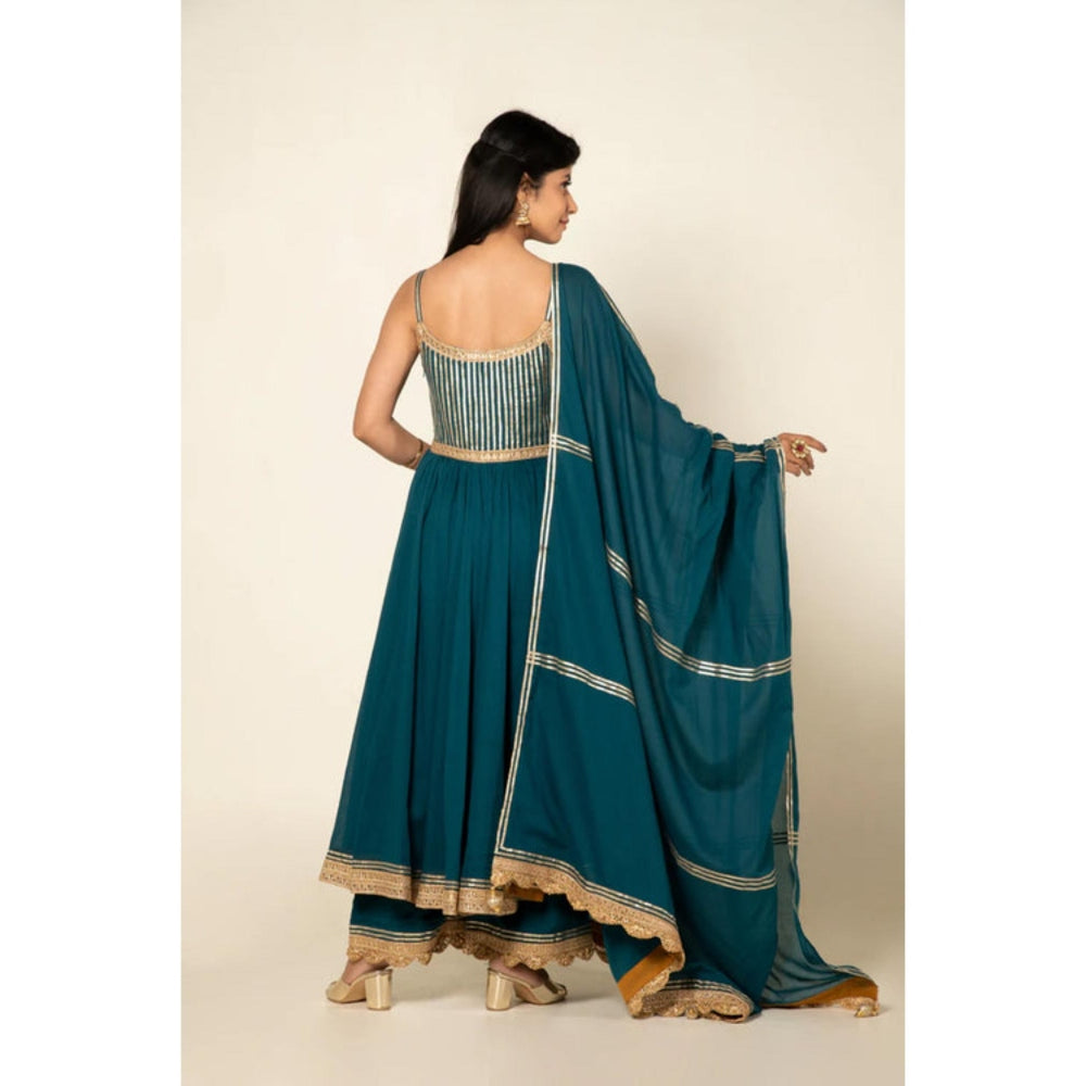 OMAANA Women Mulmul Teal Anarkali Kurta with Palazzo and Dupatta