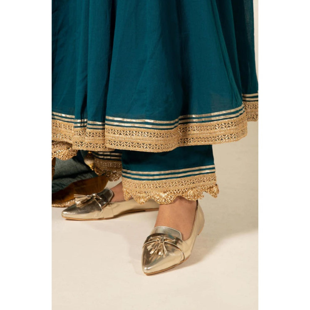 OMAANA Women Mulmul Teal Anarkali Kurta with Palazzo and Dupatta