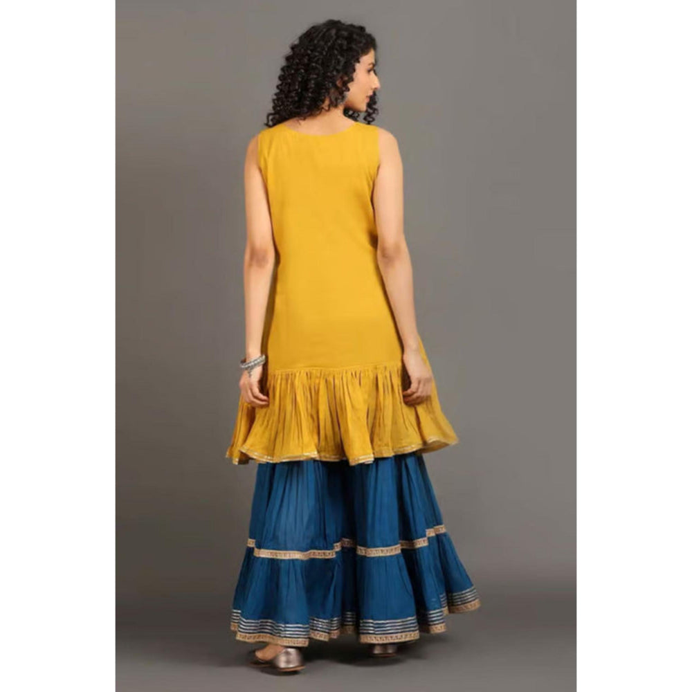OMAANA Women Mulmul Blue Kurta with Sharara and Dupatta