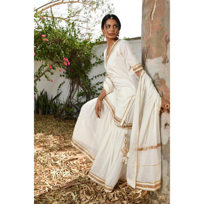 OMAANA Women Mulmul White Kurta with Sharara and Dupatta