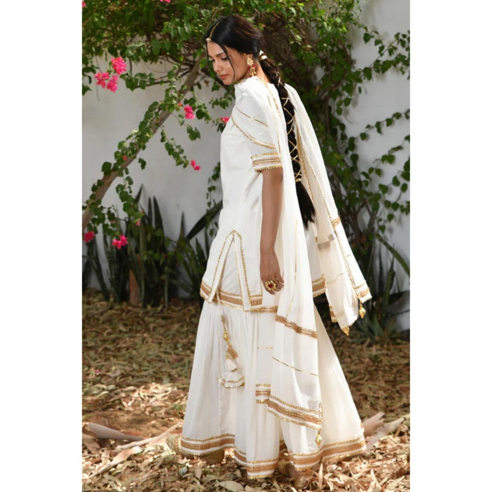 OMAANA Women Mulmul White Kurta with Sharara and Dupatta