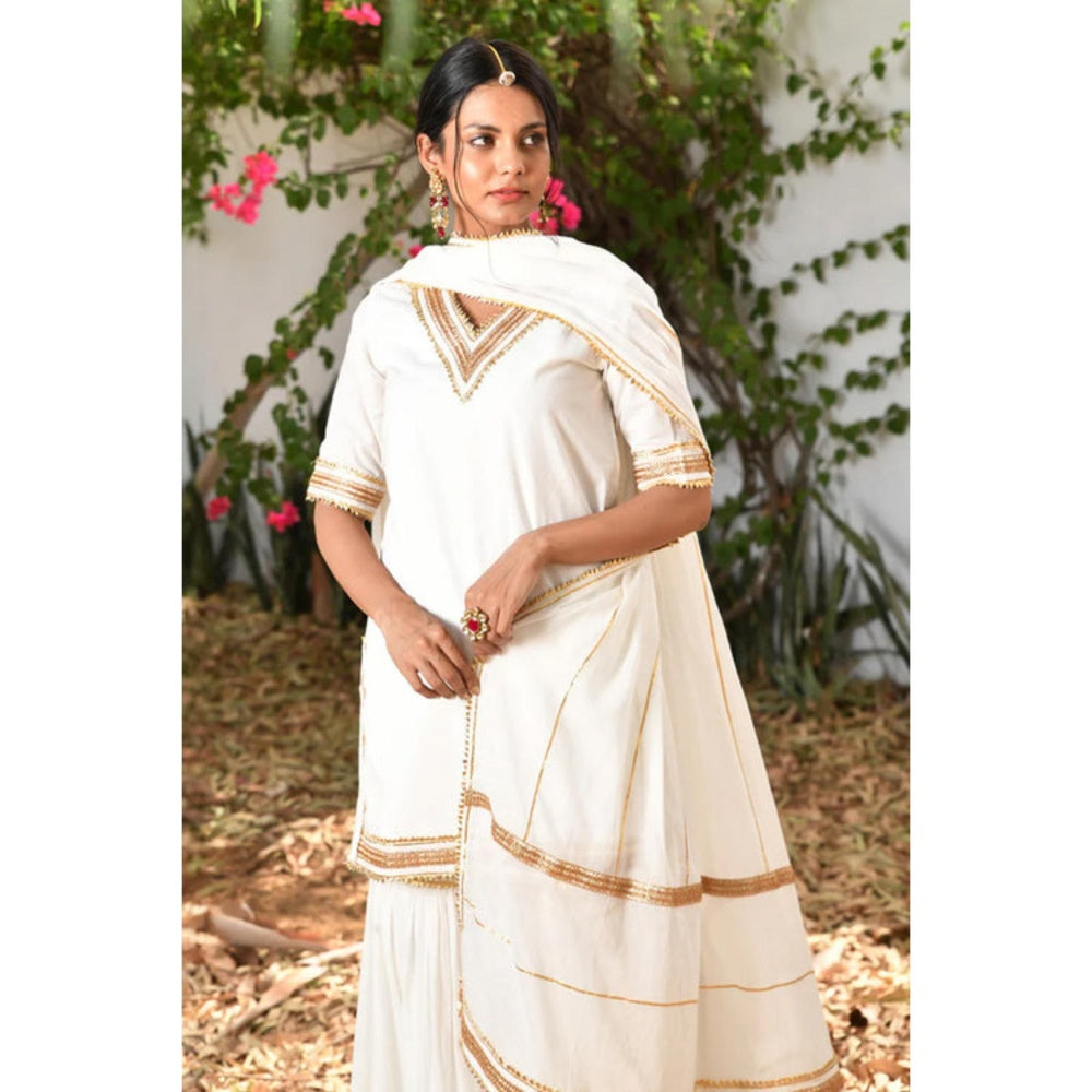 OMAANA Women Mulmul White Kurta with Sharara and Dupatta