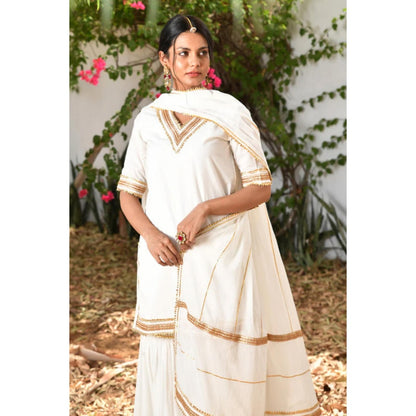 OMAANA Women Mulmul White Kurta with Sharara and Dupatta