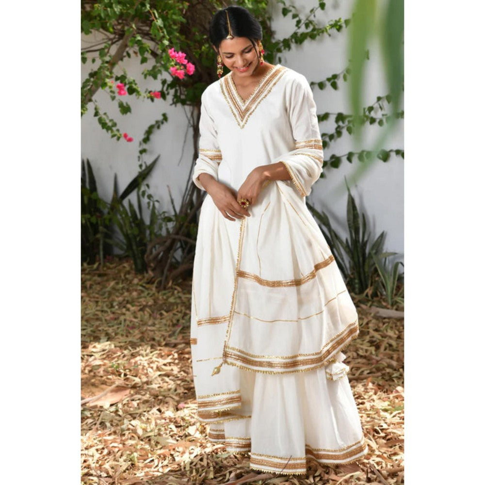 OMAANA Women Mulmul White Kurta with Sharara and Dupatta
