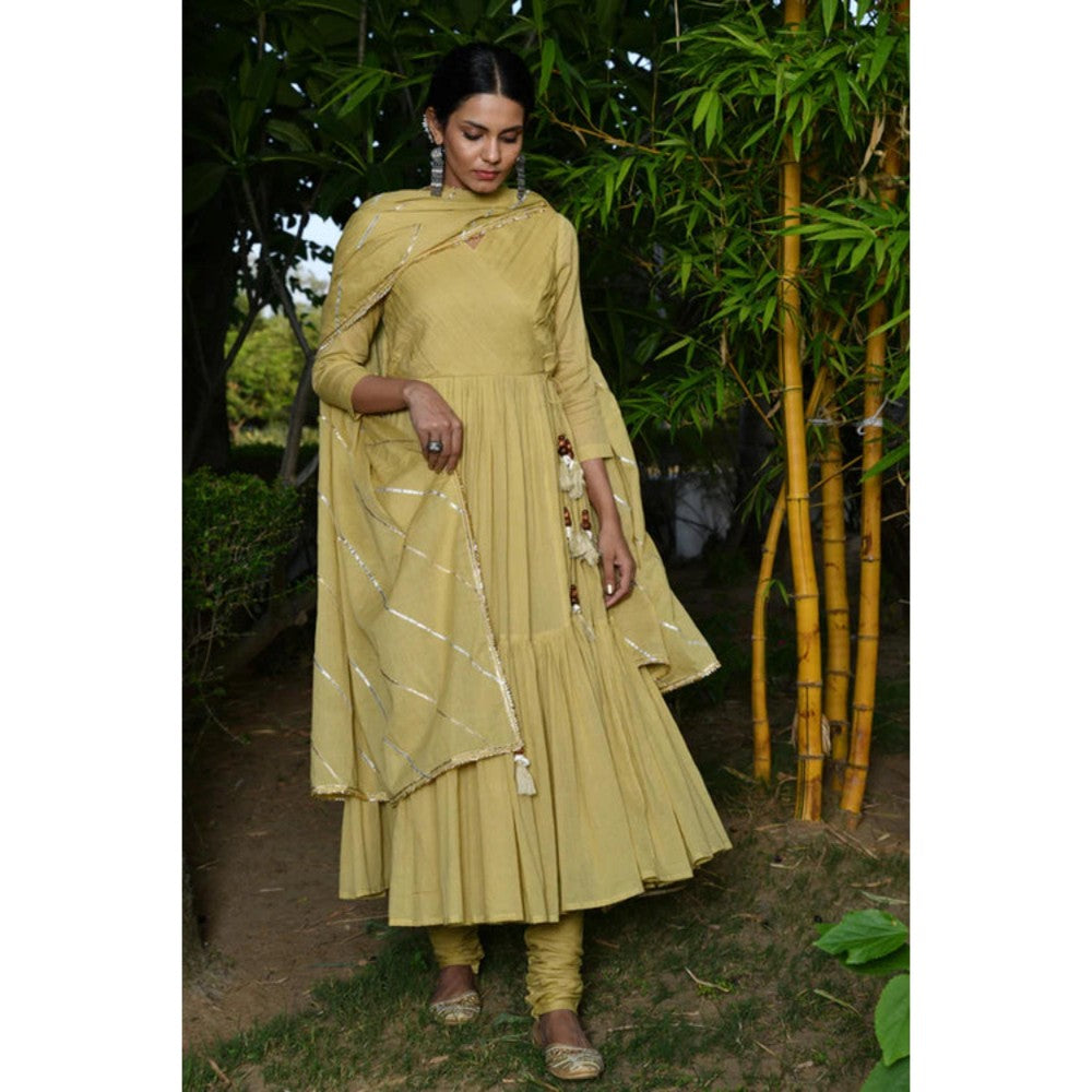 OMAANA Women Mulmul Yellow Angrakha Kurta with Churidar and Dupatta
