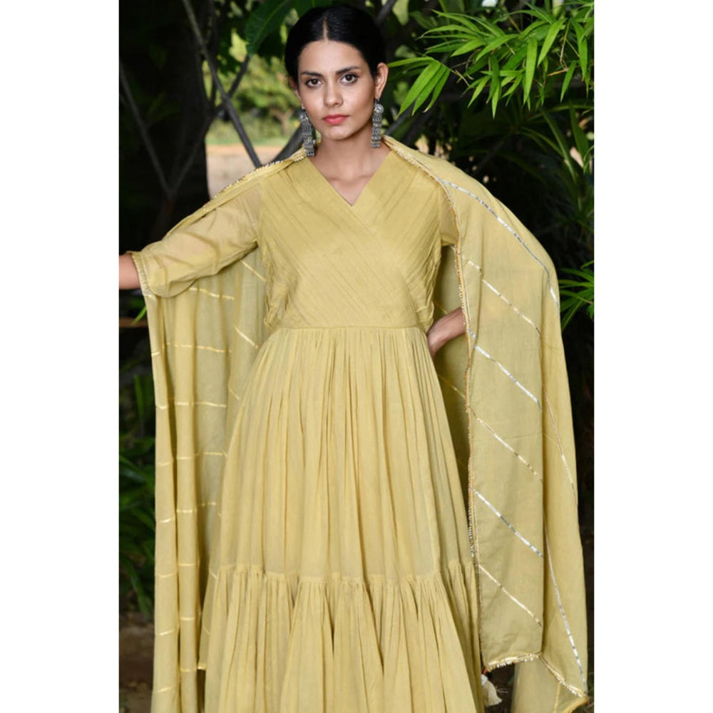 OMAANA Women Mulmul Yellow Angrakha Kurta with Churidar and Dupatta