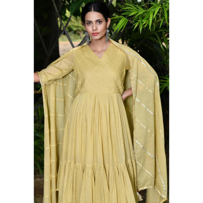 OMAANA Women Mulmul Yellow Angrakha Kurta with Churidar and Dupatta
