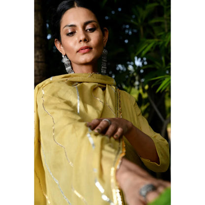 OMAANA Women Mulmul Yellow Angrakha Kurta with Churidar and Dupatta
