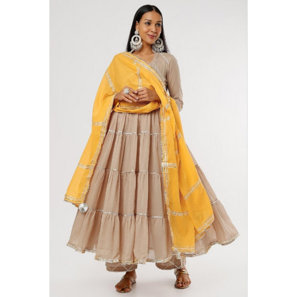 OMAANA Women Mulmul Brown Kurta with Pant and Dupatta