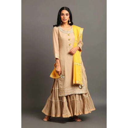 OMAANA Women Mulmul Beige Kurta with Sharara and Dupatta