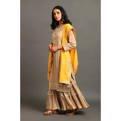 OMAANA Women Mulmul Beige Kurta with Sharara and Dupatta
