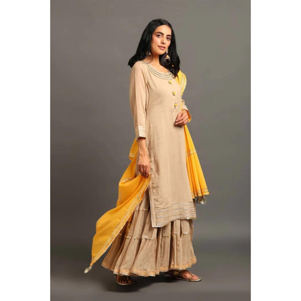 OMAANA Women Mulmul Beige Kurta with Sharara and Dupatta