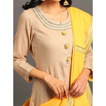OMAANA Women Mulmul Beige Kurta with Sharara and Dupatta