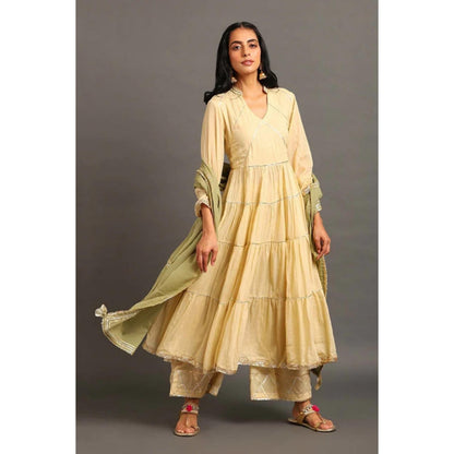 OMAANA Women Mulmul Cream Kurta with Palazzo and Dupatta