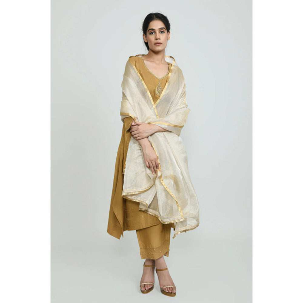 OMAANA Women Silk Mustard Kurta with Pant and Dupatta