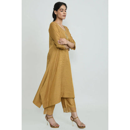 OMAANA Women Silk Mustard Kurta with Pant and Dupatta